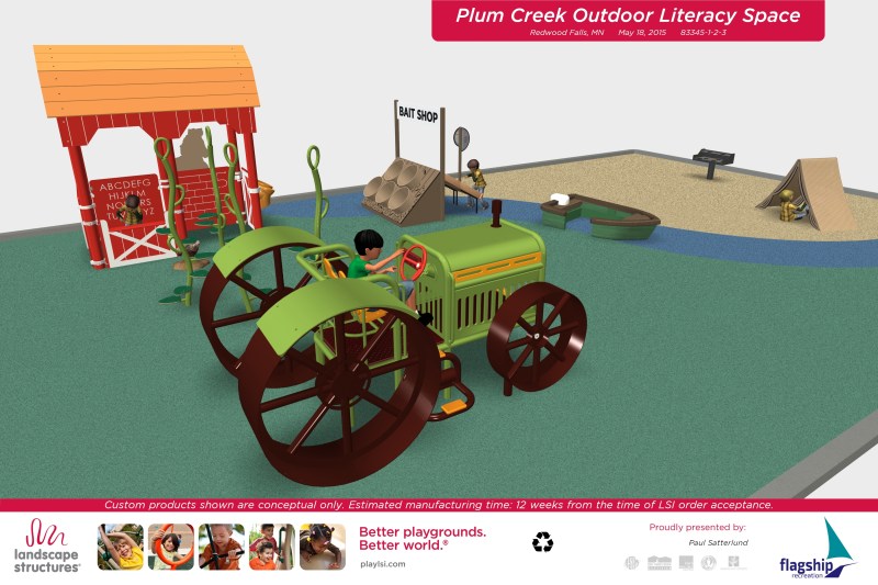 This shows plans for the custom-designed Outdoor Early Literacy Area planned for the Redwood Falls Public Library. The playground equipment will be custom made and themed to agriculture and camping. Image courtesy of the Redwood Falls Public Library.