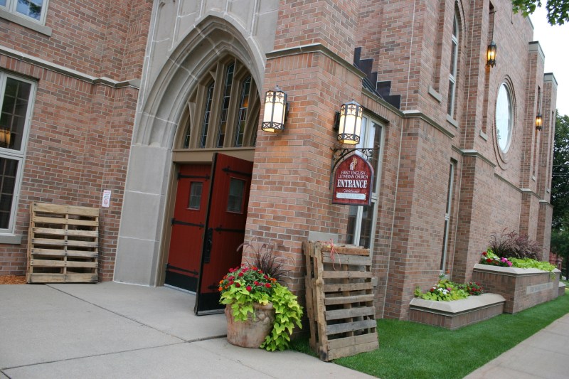 Entry to the peach pick-up site at First English Lutheran Church in Faribault.