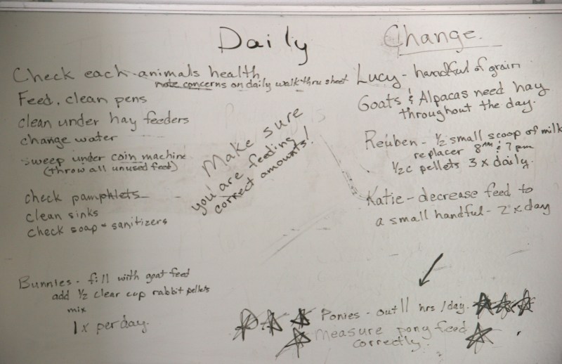 Daily instructions posted inside the barn for employees.