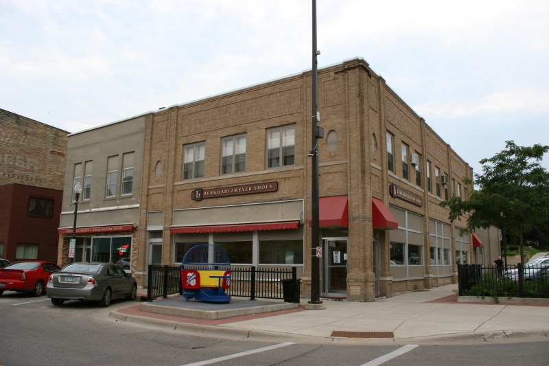 The restored 1950s vintage Tilt-A-Whirl has been permanently installed by Burkhartzmeyer Shoes in historic downtown Faribault.