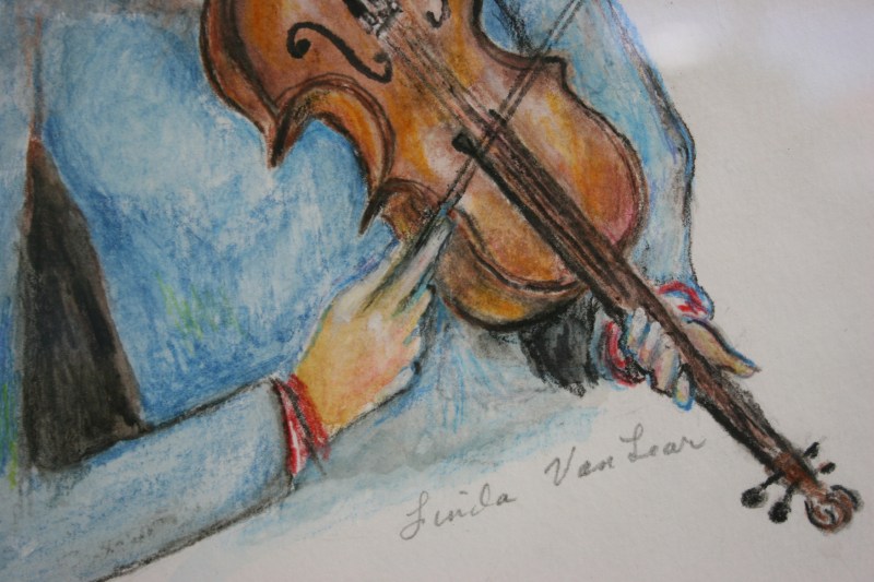 A snippet of Linda Van Lear's "Girl & Violin" watercolor pencil