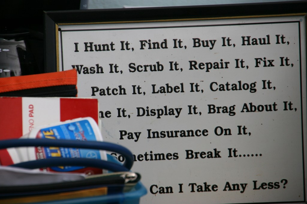 A sign posted in Woody's shop.