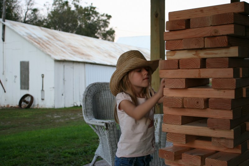 Playing with the rural version of Jenga blocks.