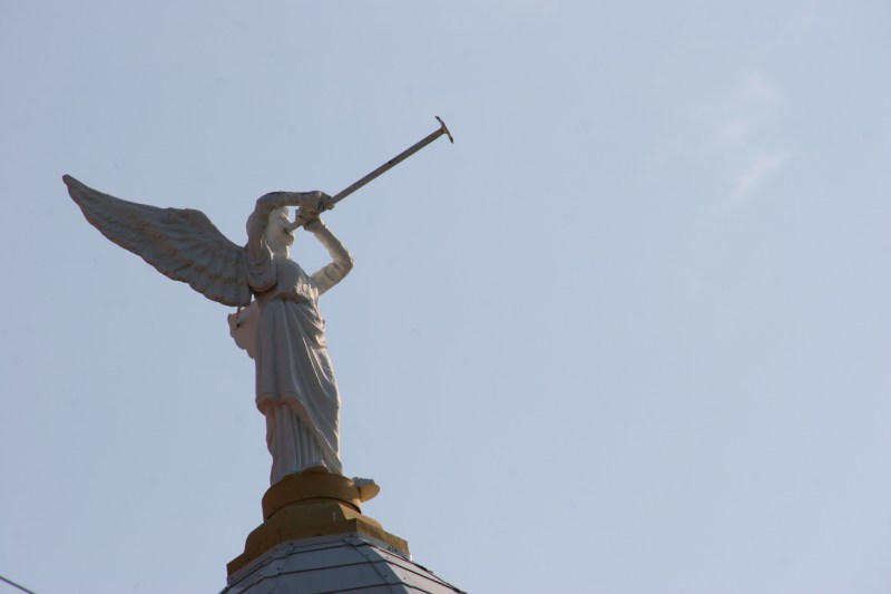 Angel art atop a tower.