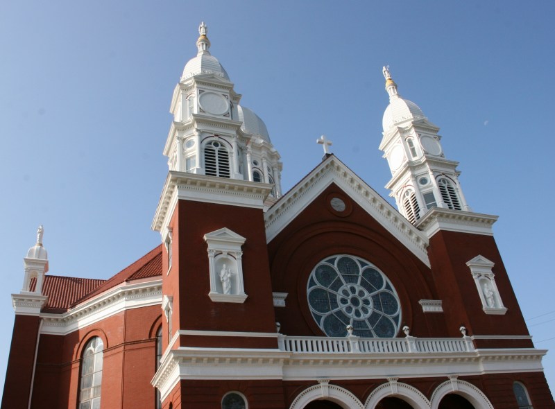 The upper portion of the basilica at its main entry.