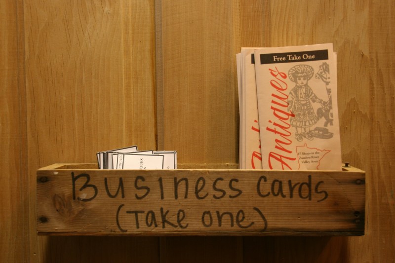 Even Jeff's business cards are displayed in a way that's simple and unique--in a box on a door.