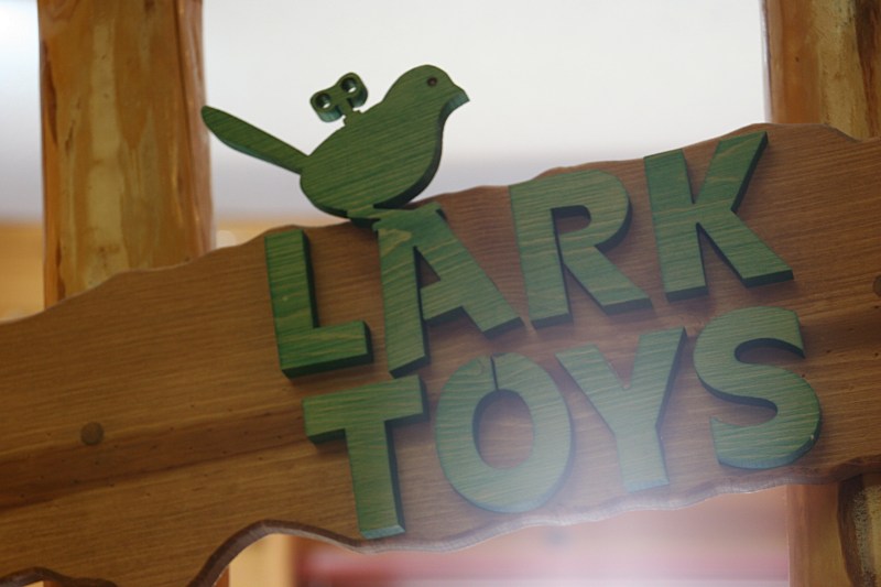 A handcrafted sign inside LARK Toys, Kellogg, Minnesota.