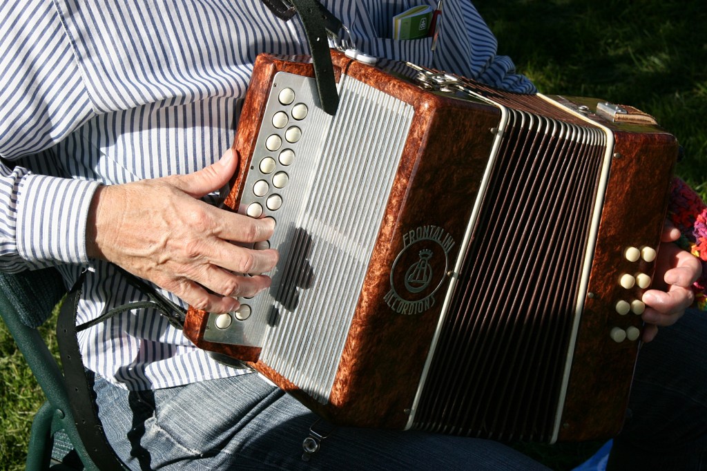 A musician plays her accordion at the market.
