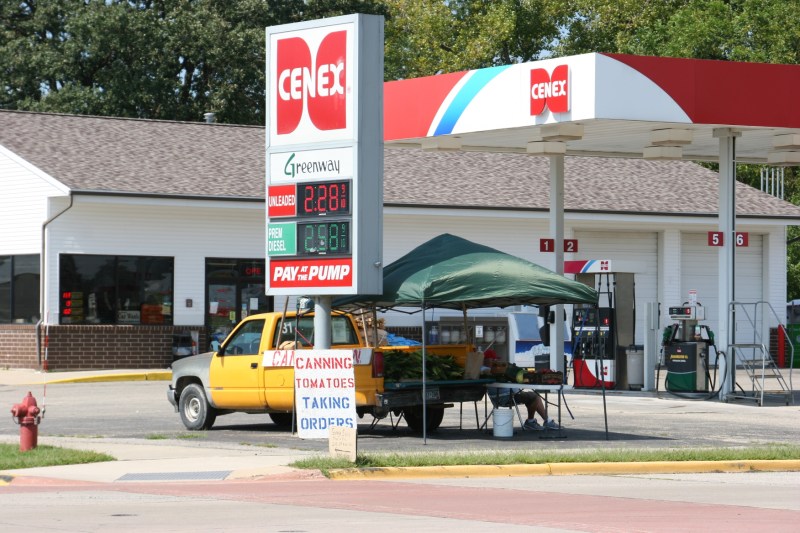 A produce vendor photographed last week in downtown Pine Island, Minnesota. He was selling tomatoes, sweetcorn and melons.