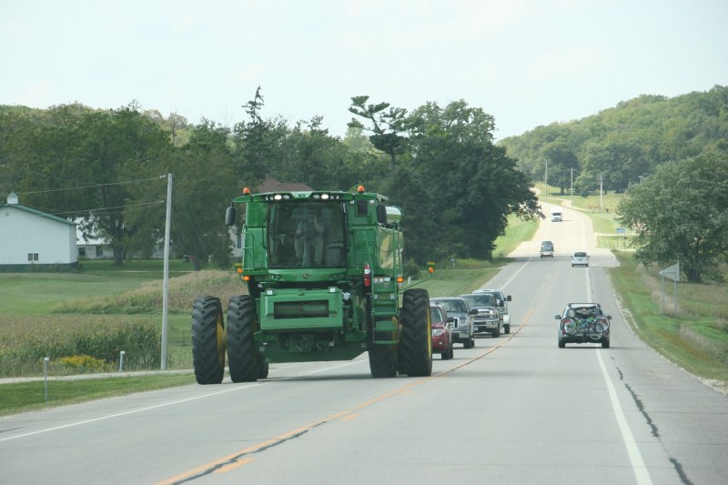 On the east edge of St. Charles we spotted this brand new combine along U.S. Highway 14.