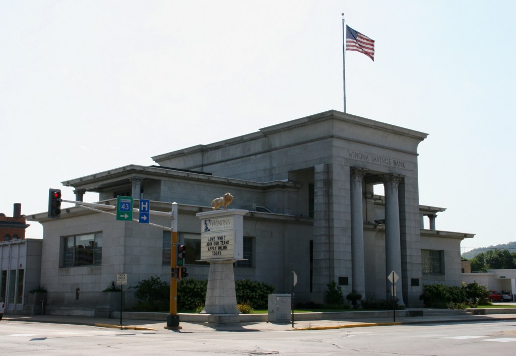 The exterior front of the Winona National Bank, originally Winona Savings Bank, presents a visual of strength and stability in design and materials.
