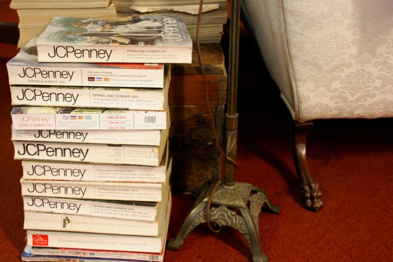Three stacks of JC Penney catalogs dating back to the 1940s are available for purchase at Antiques of the Midwest.
