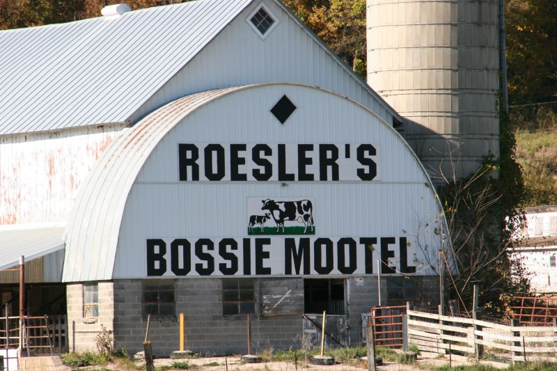 A memorable barn due to the humorous signage.