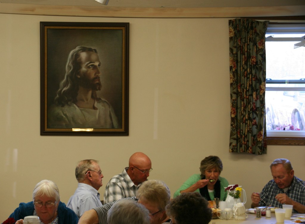Dining in the church basement.