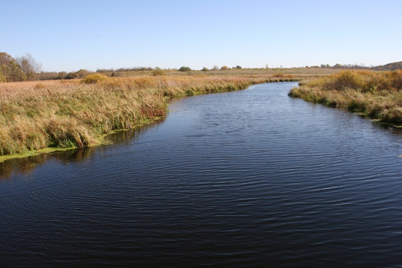 Occasionally waterways slice through the land. This seems a popular fishing spot given the bobbers and hooks snared on utility lines.