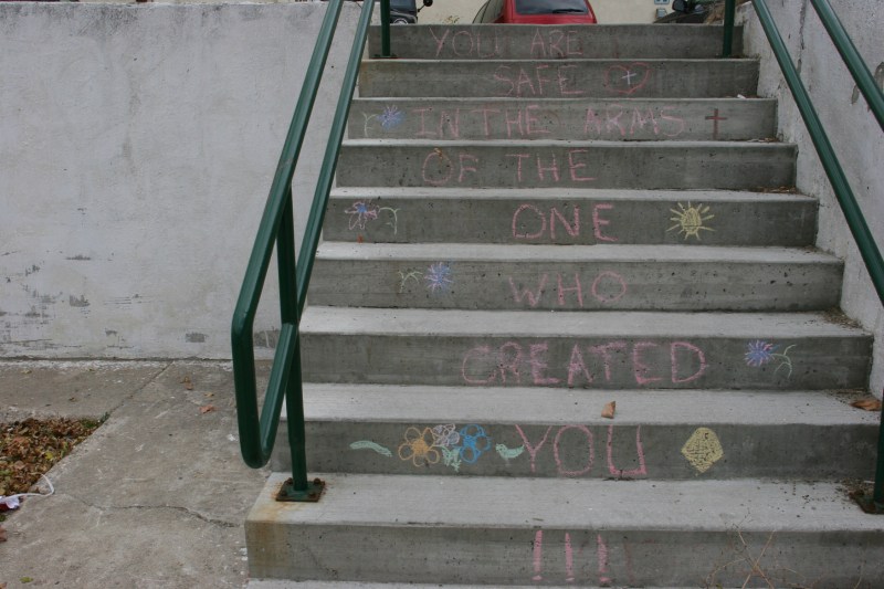 An inspiratinal message chalked onto steps leading to/from a downtown Albert Lea parking lot.