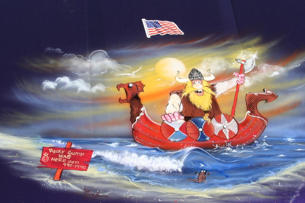 MN Vikings fan, 72 hood art close-up