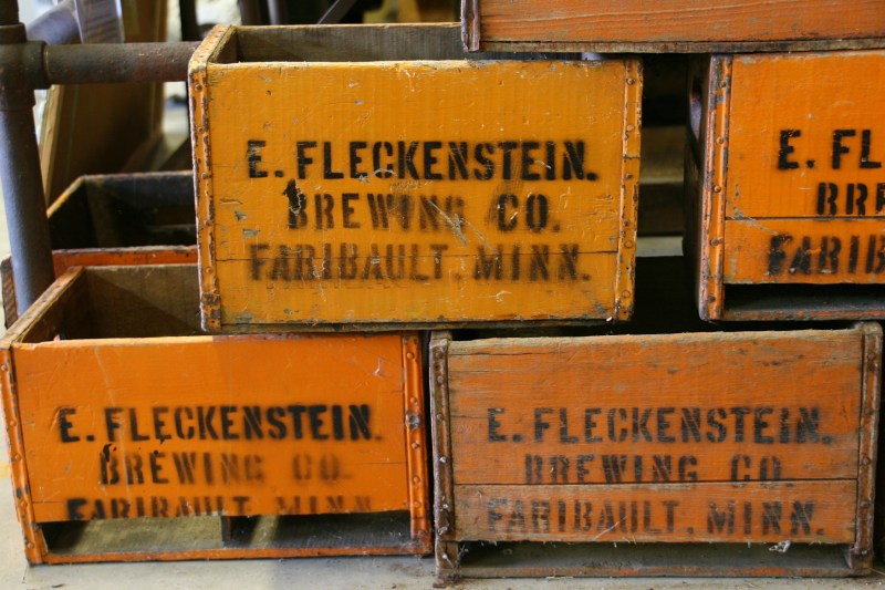 Stacked inside the Harvest and Heritage Halls are these crates from Fleckenstein, which brewed beer and made soda in Faribault.