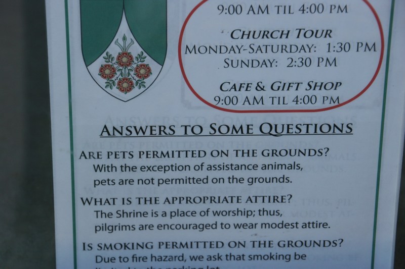 Some of the "rules," posted on a window outside the Pilgrim Center entry.