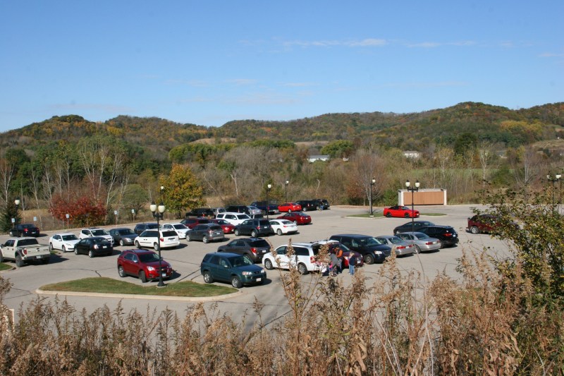 This view of the parking lot shows the scenic rural setting.