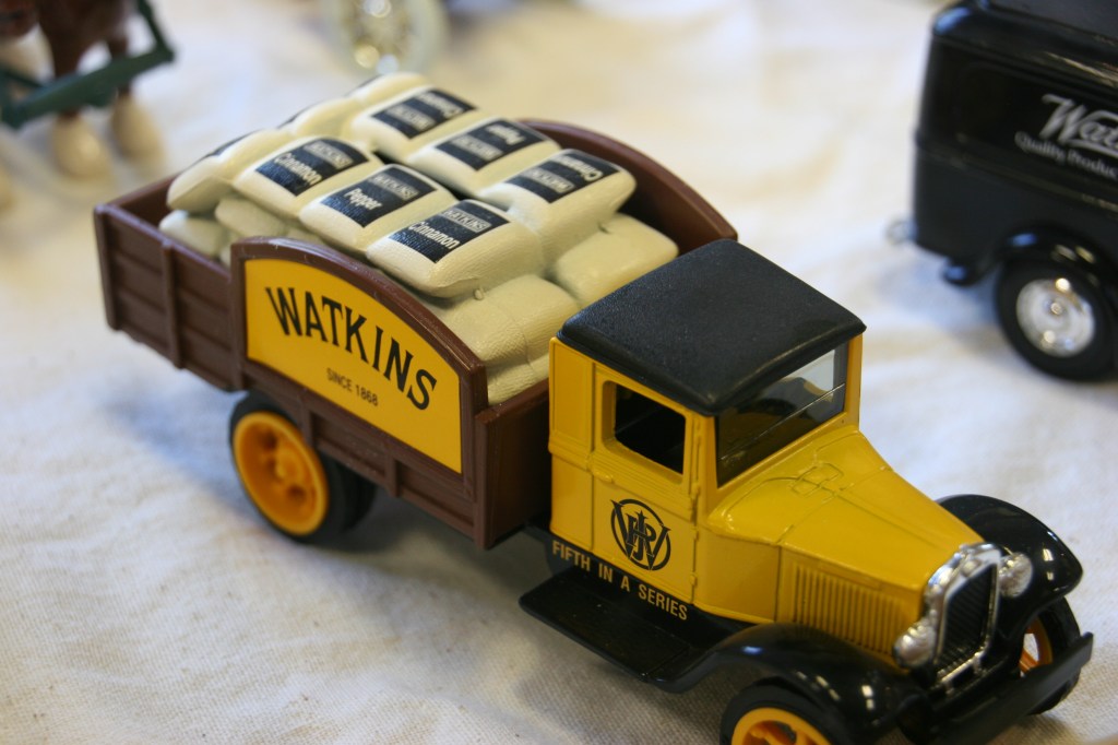 This toy truck, displayed in the museum, carries bags of spices.