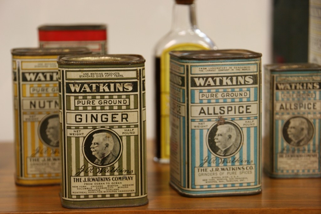 Spices have always been a popular product with Watkins customers. These vintage spice containers are showcased in the museum.
