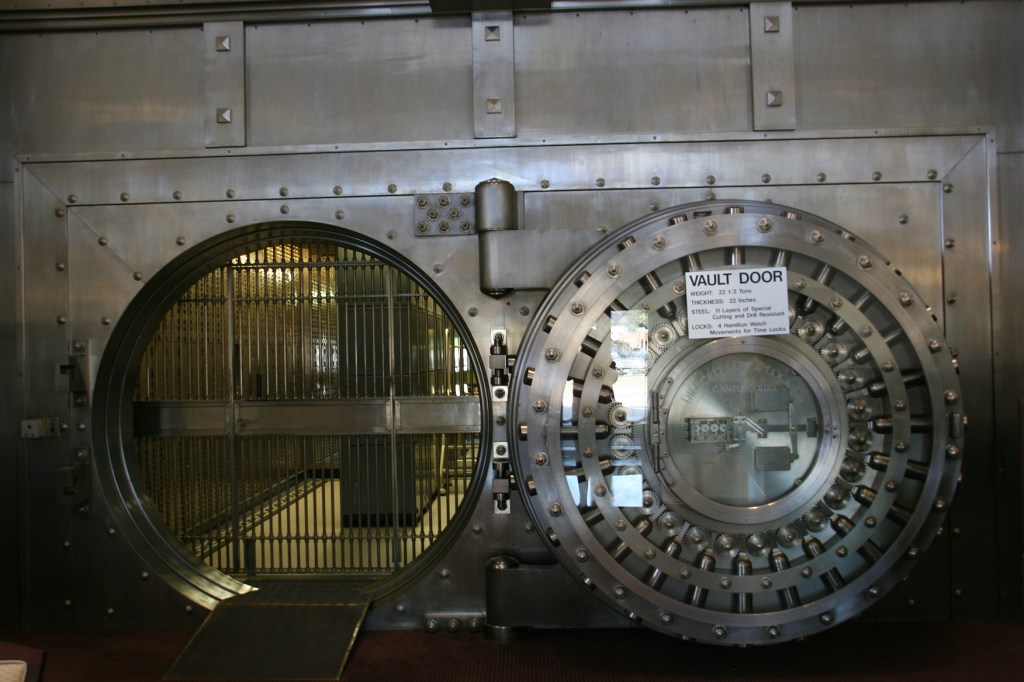 The mammoth steel vault door gives an impression of safety and security. It was built by Diebold Safe and Lock Company of Canton, Ohio.