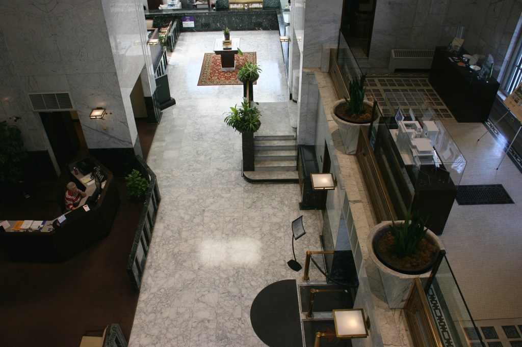 From an upper floor looking down to the lobby.
