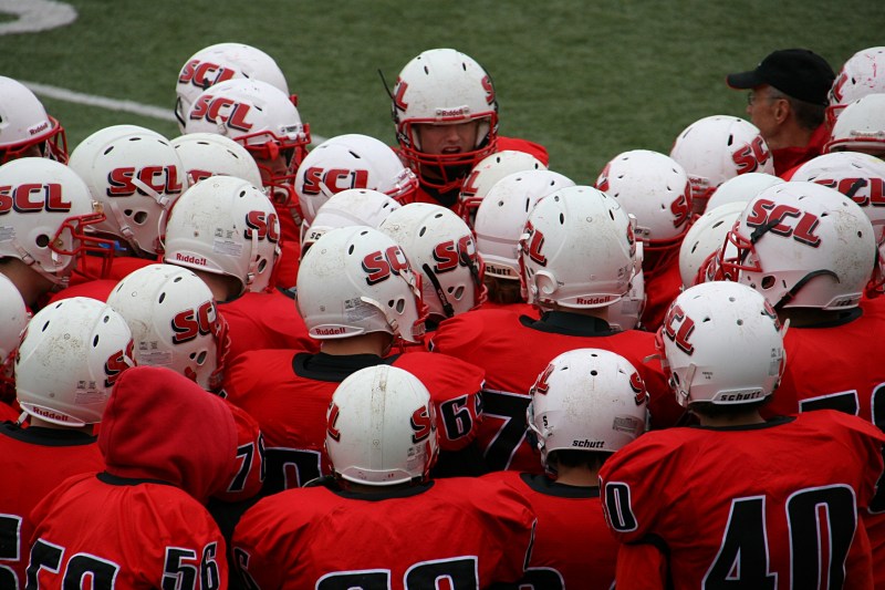The Crusaders huddle.