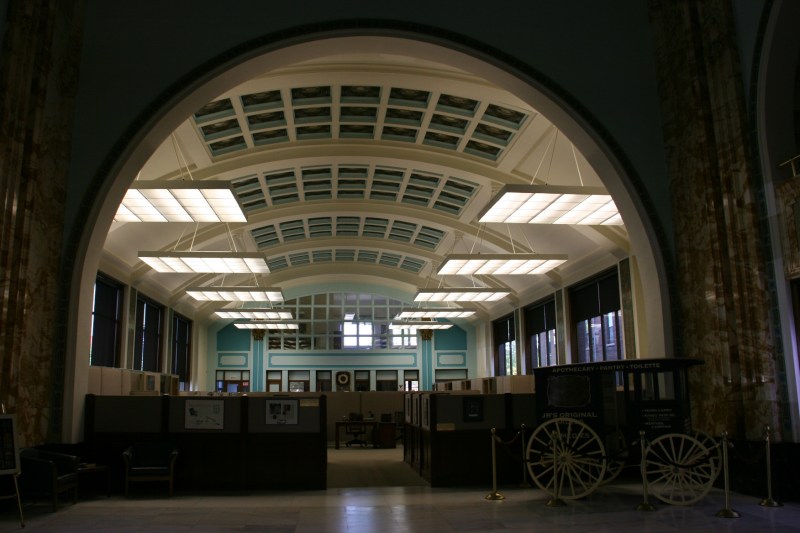 The building features 224 stained glass skylights.