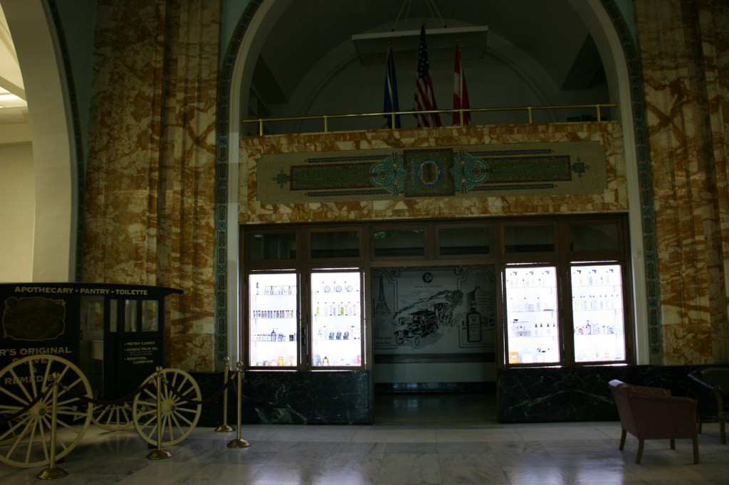 Looking toward a mini-museum display of Watkins items, including the Watkins wagon.