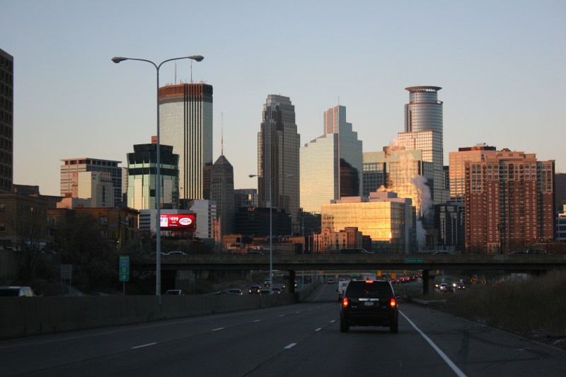 The Minneapolis skyline as the sun sets.