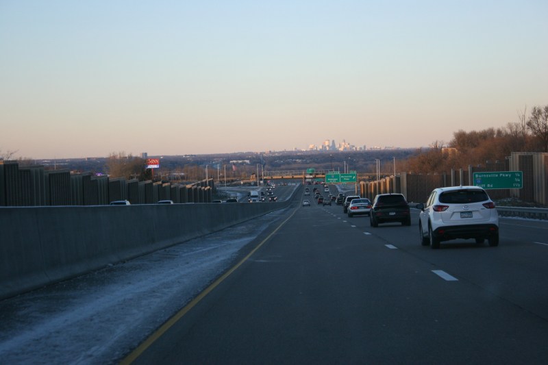 The Minneapolis skyline appears in the distance as we drive along Interstate 35 in Burnsville.