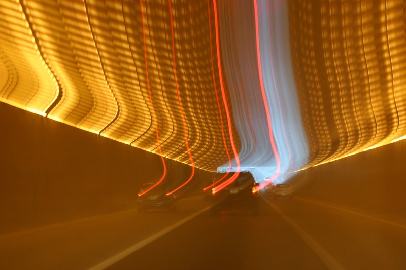 Low light and a slow shutter speed created this effect inside the Lowry Tunnel.