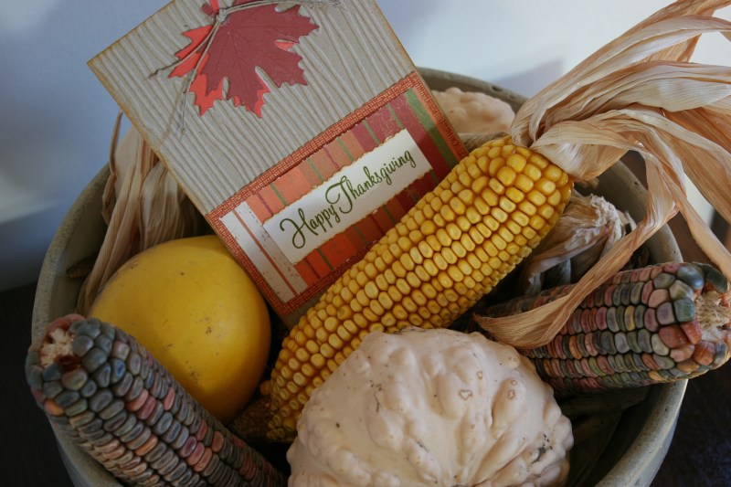 I created this Thanksgiving display in a stoneware bowl. My sister-in-law Rena created the Thanksgiving card.