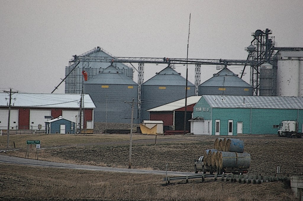 Bales on trailer, 82 with bins nearby