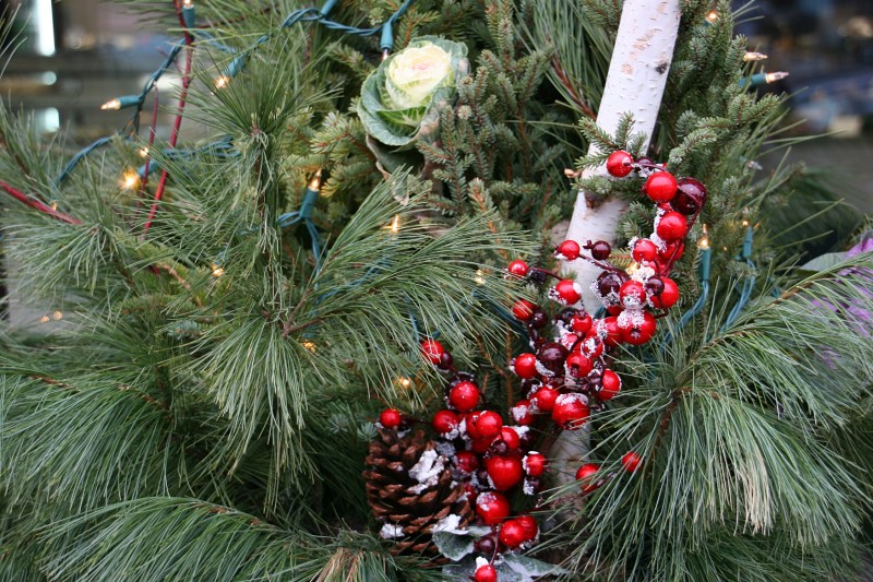 Beauty in the details of a holiday themed outdoor arrangement in downtown Faribault outside Bluebird Cakery.