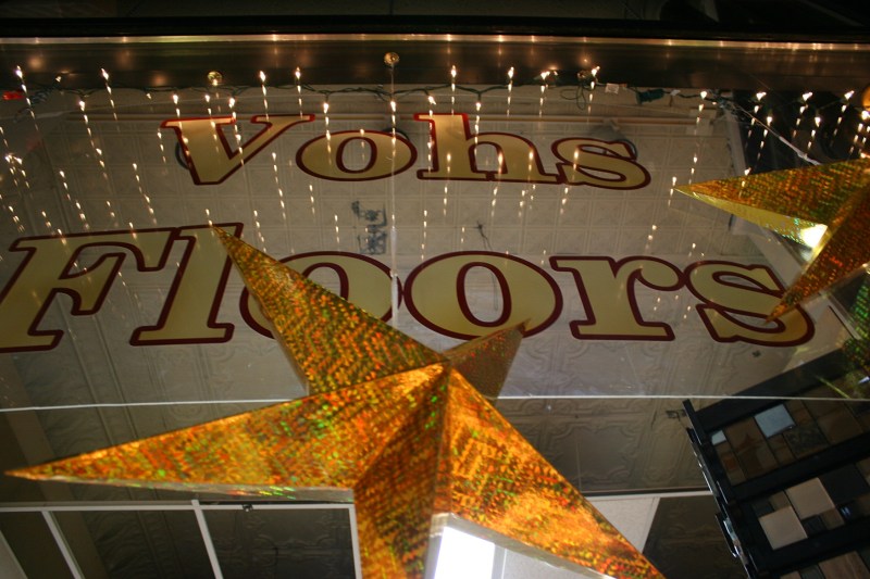 A snippet of the festive window display at Vohs Floors.