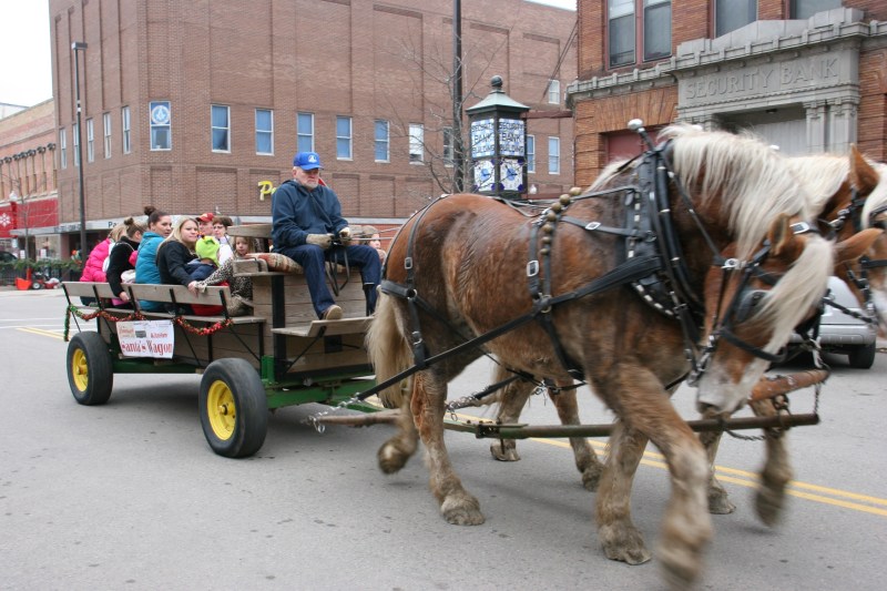 Santa's horse-drawn wagon, 94 horses in motion