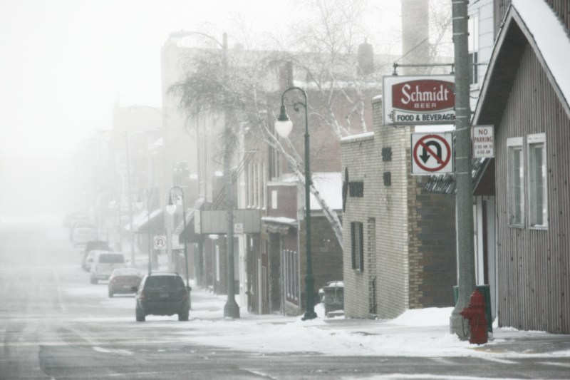 A snapshot of downtown Montgomery last Saturday afternoon as strong winds whipped a light snow.