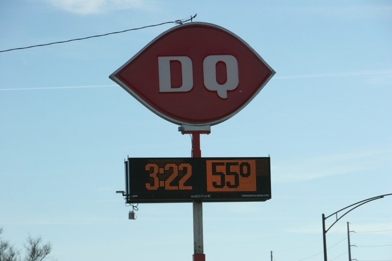 Pulling into the Dairy Queen, I snapped this temperature sign Saturday afternoon, February 27.