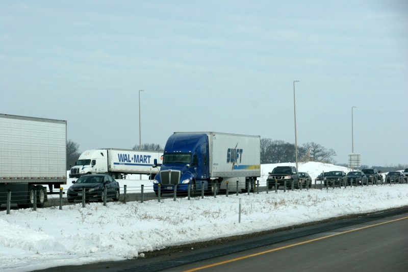 Traffic backs up in the southbound lane of Interstate 35 around 10:30 a.m. Saturday following the end of a high speed chase.