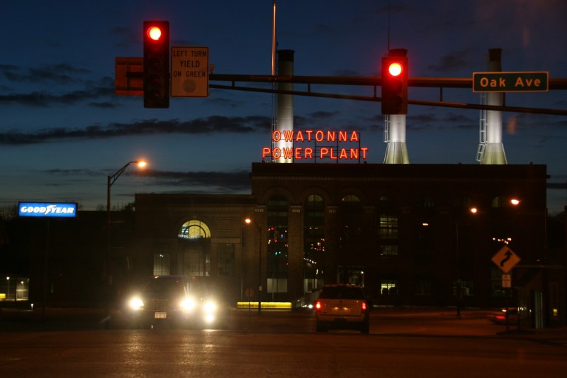 The Owatonna Power Plant building, photographed while waiting at a stoplight on Sunday evening.