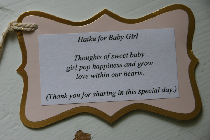 Well in advance of the shower, I penned this haiku and glued it to tags.