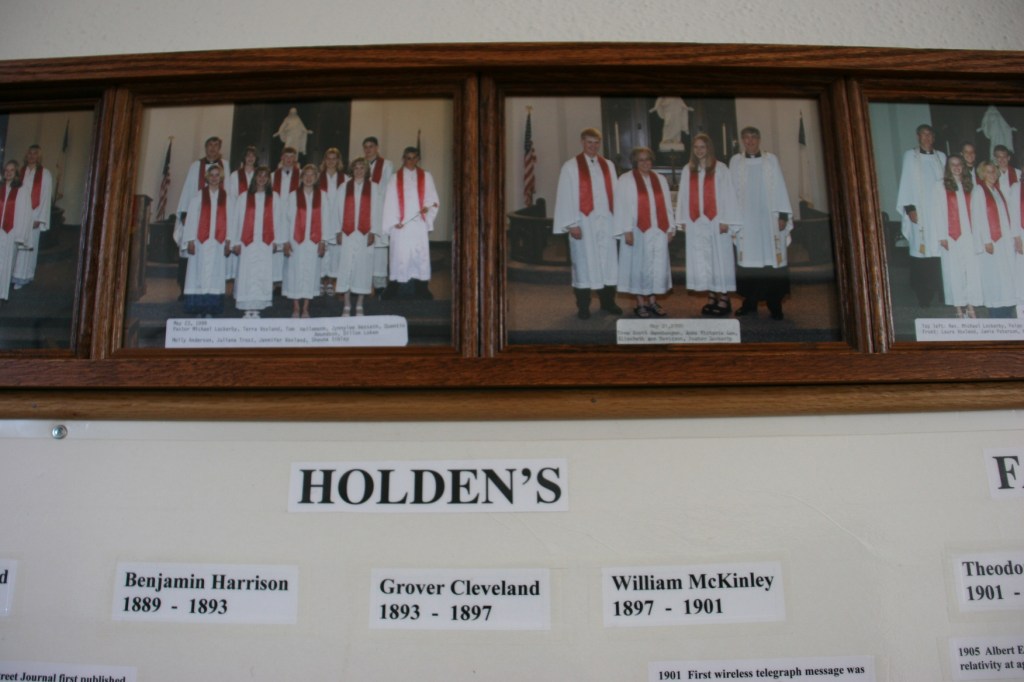Confirmation photos hang above a history timeline.