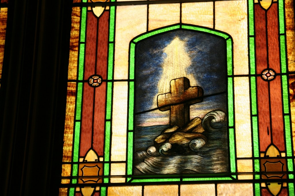 One of the windows flanking the side of the sanctuary.