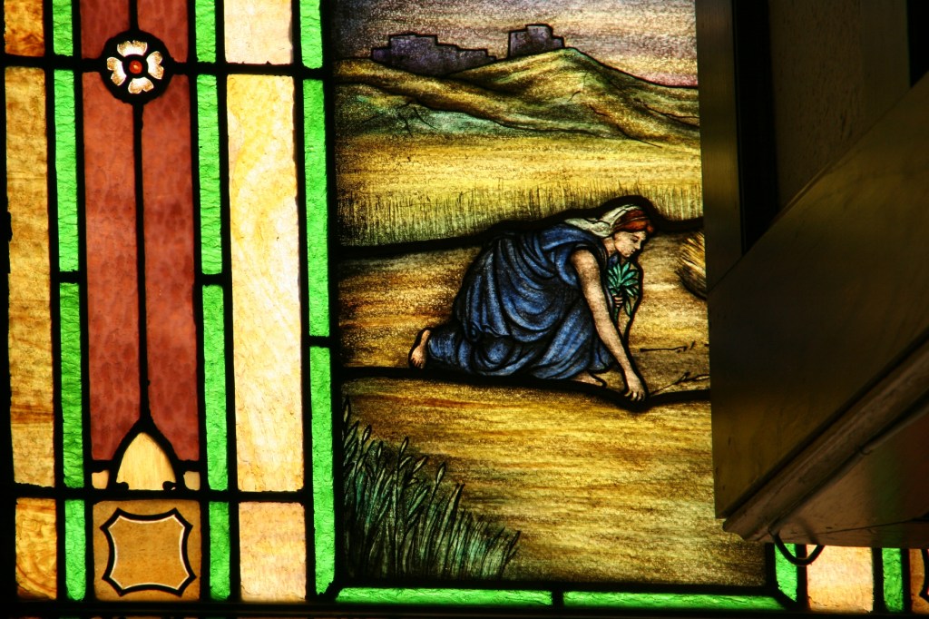 One of my favorite stained glass windows in Trinity is this one of Ruth gathering grain to help support her mother-in-law. The window is partially covered by the balcony.