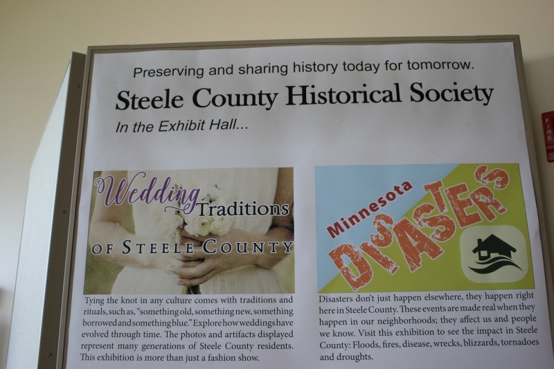 This sign marks the exhibits currently showing in the Steele County History Center through spring 2017.