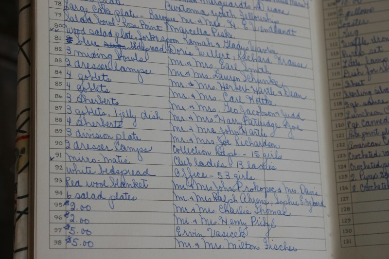 Wedding gifts are listed in this book on display.