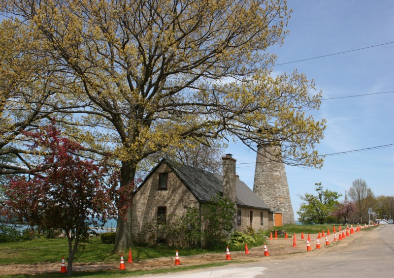 Cones blocking a freshly-poured concrete sidewalk blocked me from getting too close to the Portland Harbor Lighthouse and keeper's house.